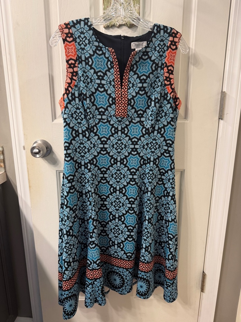 Maggy L Black Dress with Caribbean Blue Floral Motif and Coral Trim